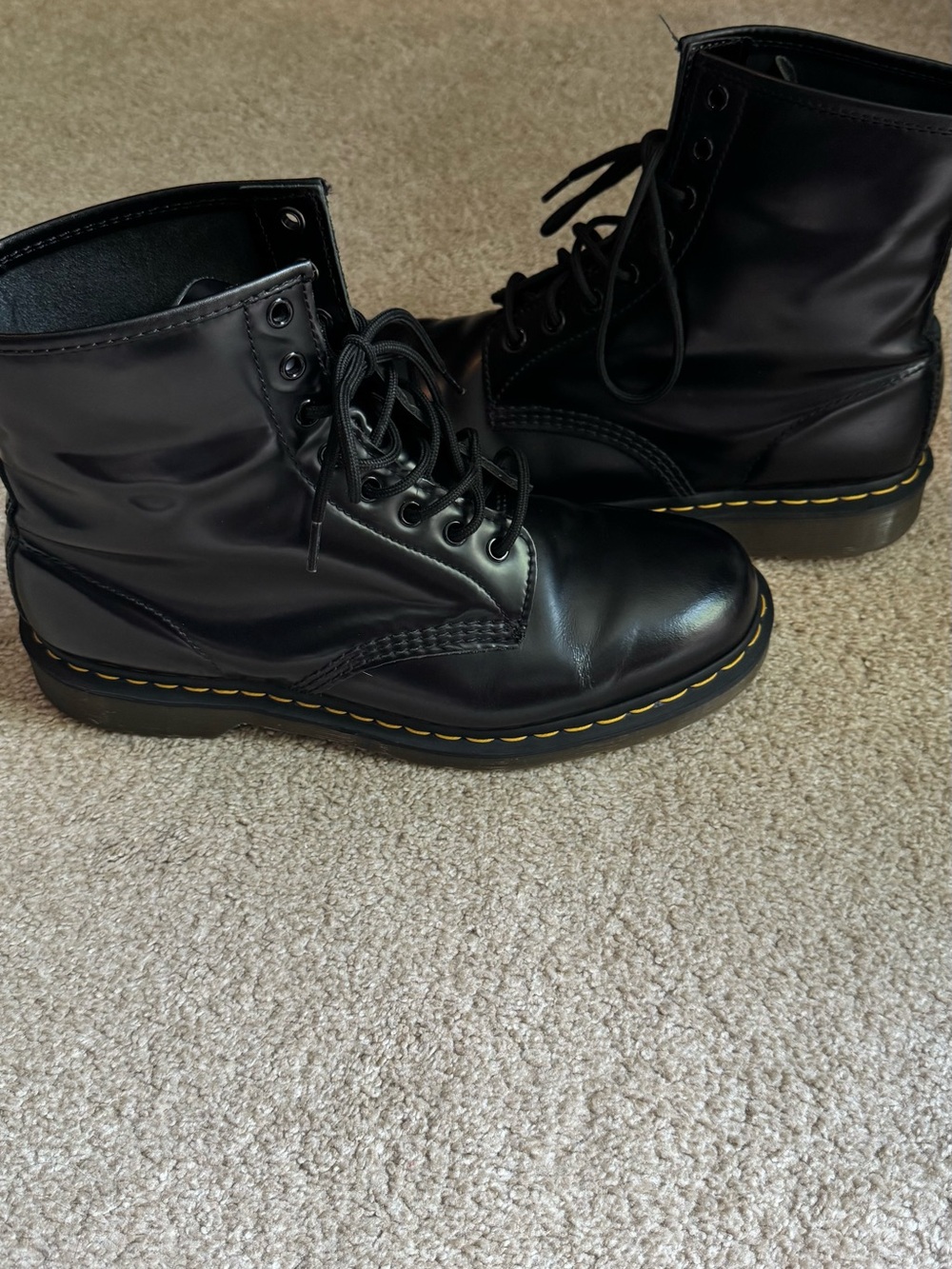 Black Leather Lace-Up Boots with Yellow Stitching - Picture 2 of 9
